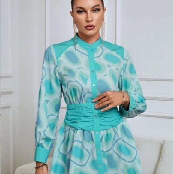 ELEGANT MULTICOLOR GEO PRINT BUTTON DOWN SHIRT DRESS - Picture 6 of 8